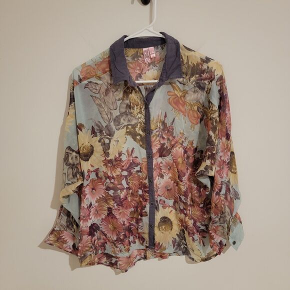 Womens Semi Sheer‎ Top Size Medium M Floral Button Up Fairy Boho - Picture 1 of 7